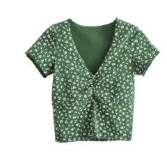 Small Floral Sexy V-neck Pleated Short-sleeved T-shirt - Dark Green - View 1