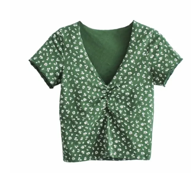 Small Floral Sexy V neck Pleated Short sleeved T shirt Dark Green - Shop at LoveMi