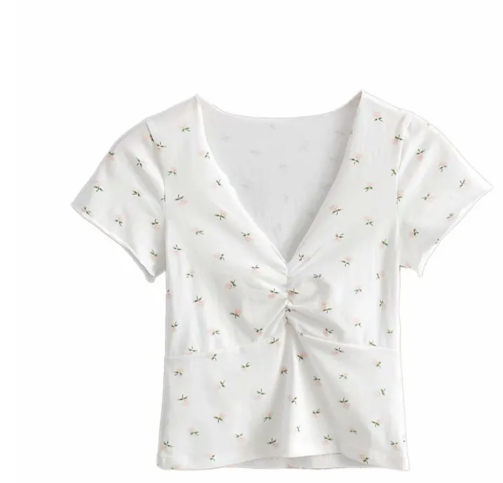 Small Floral Sexy V-neck Pleated Short-sleeved T-shirt - White