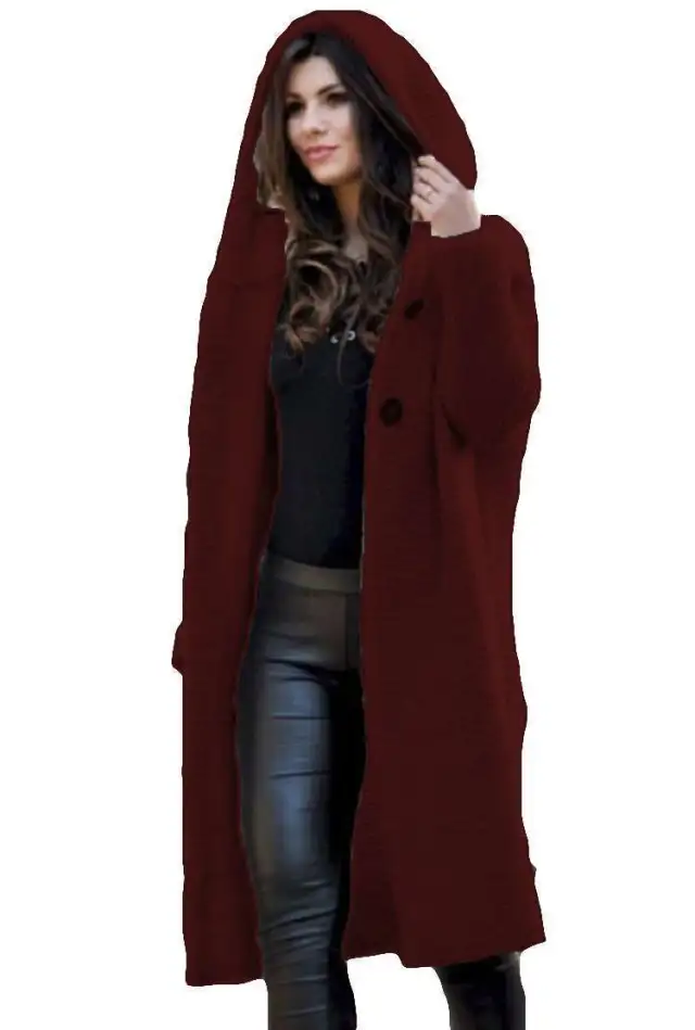 NEW Women's Baggy Cardigan Coat Tops Ladies Chunky Knitted Sweater Jumper Hood Wine - Shop at LoveMi