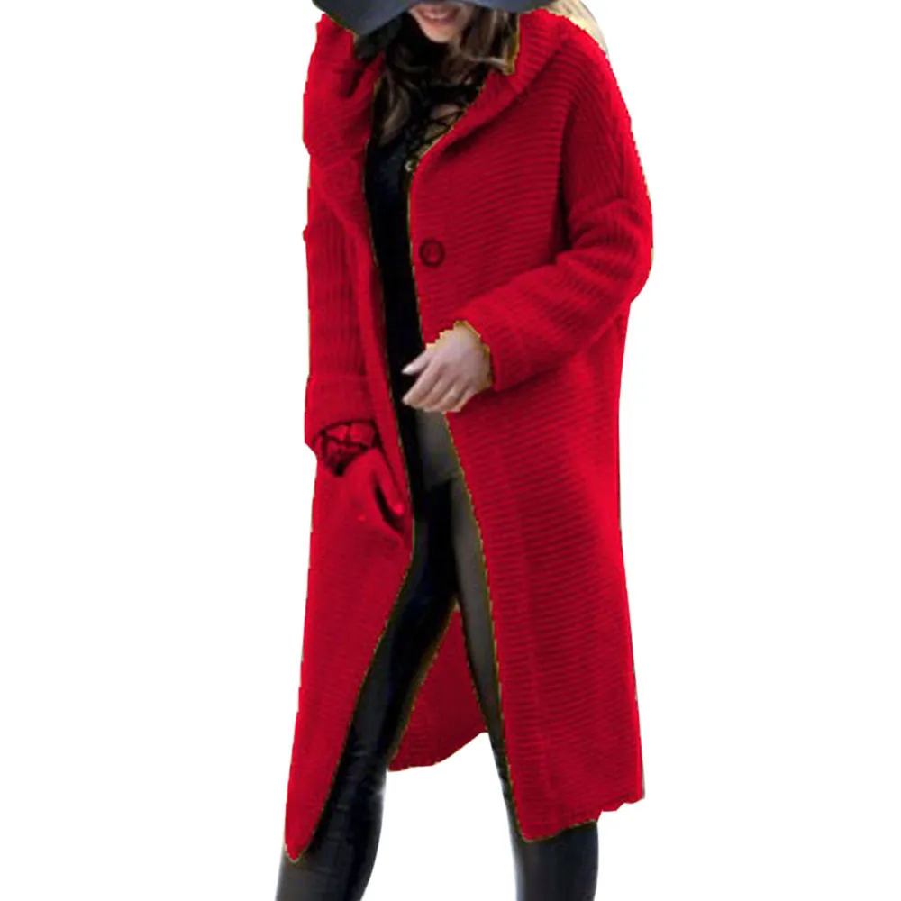 NEW Women's Baggy Cardigan Coat Tops Ladies Chunky Knitted Sweater Jumper Hood - Red