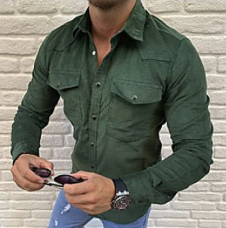 Men's Shirt Fashion Casual Solid Color Button Slim Long Sleeved Shirt