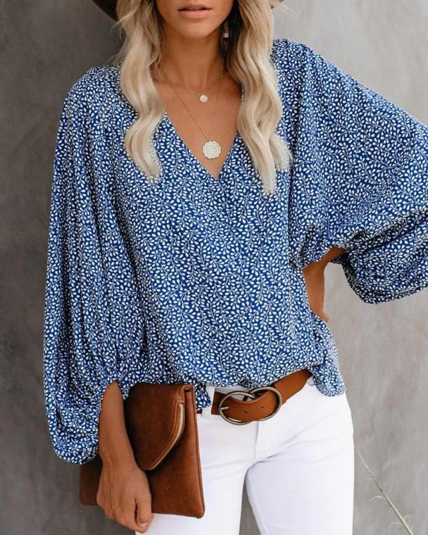 V-neck Fancy Lantern Sleeve Shirt
