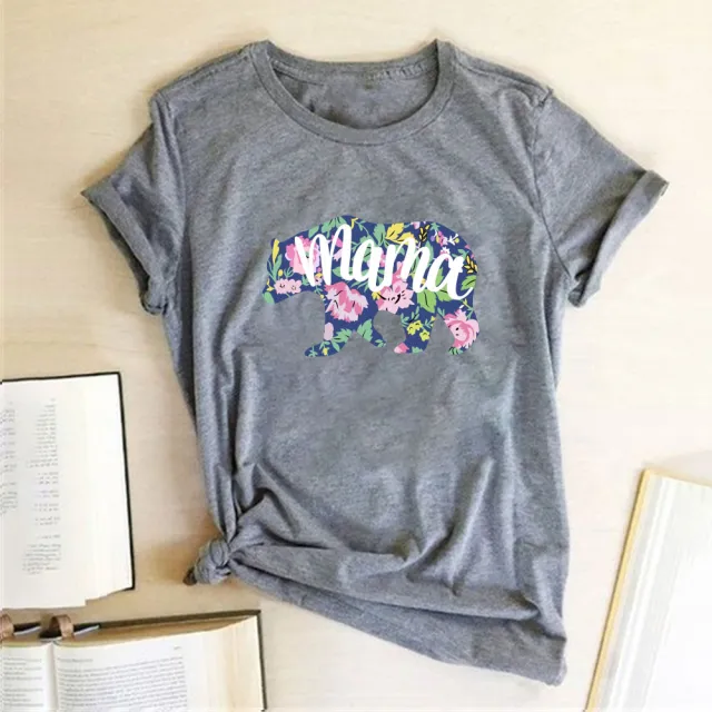 Mama Mom Bear Letter Print T shirt Leopard Print Big And Small Bear Animal Print Short Sleeves Grey - Shop at LoveMi