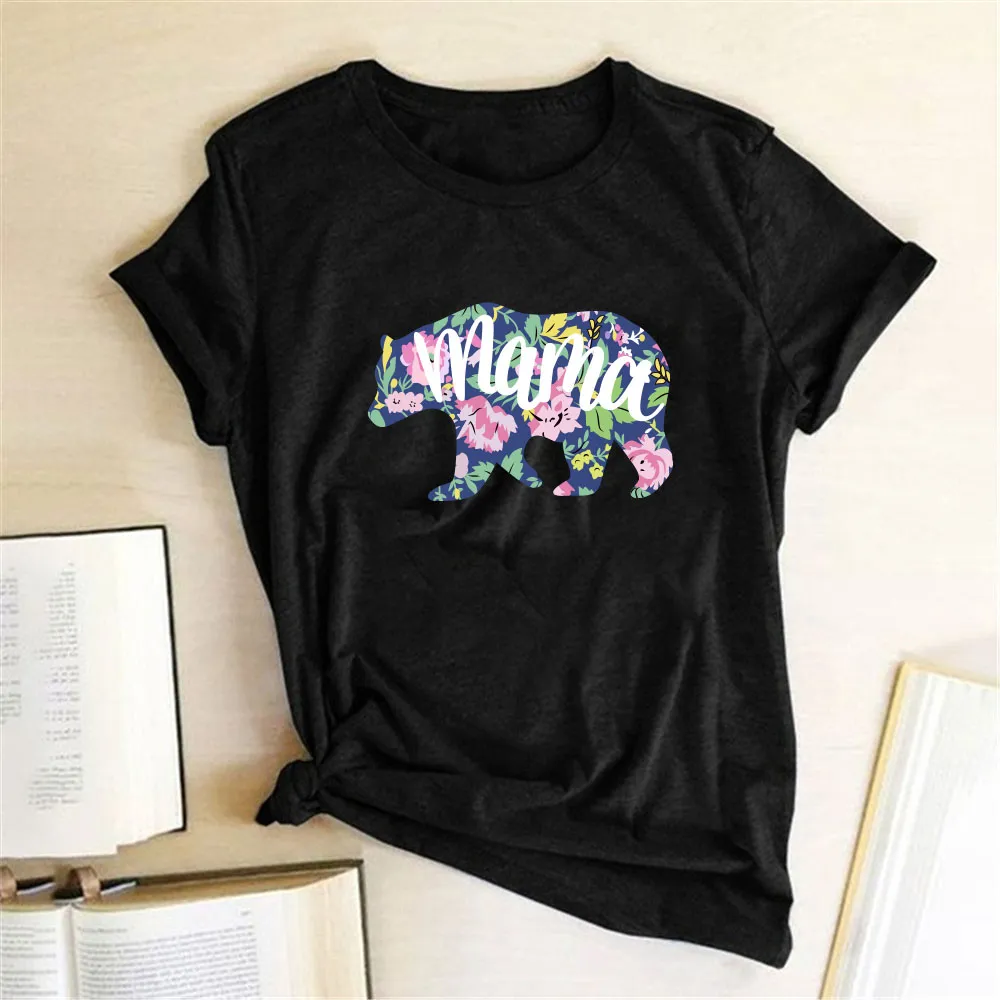 Mama Mom Bear Letter Print T-shirt Leopard Print Big And Small Bear Animal Print Short Sleeves - Black