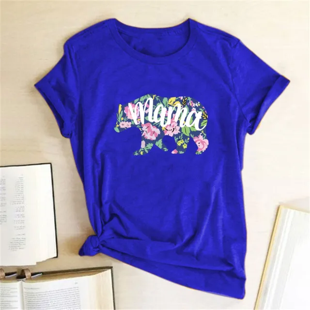 Mama Mom Bear Letter Print T shirt Leopard Print Big And Small Bear Animal Print Short Sleeves Dark Blue - Shop at LoveMi