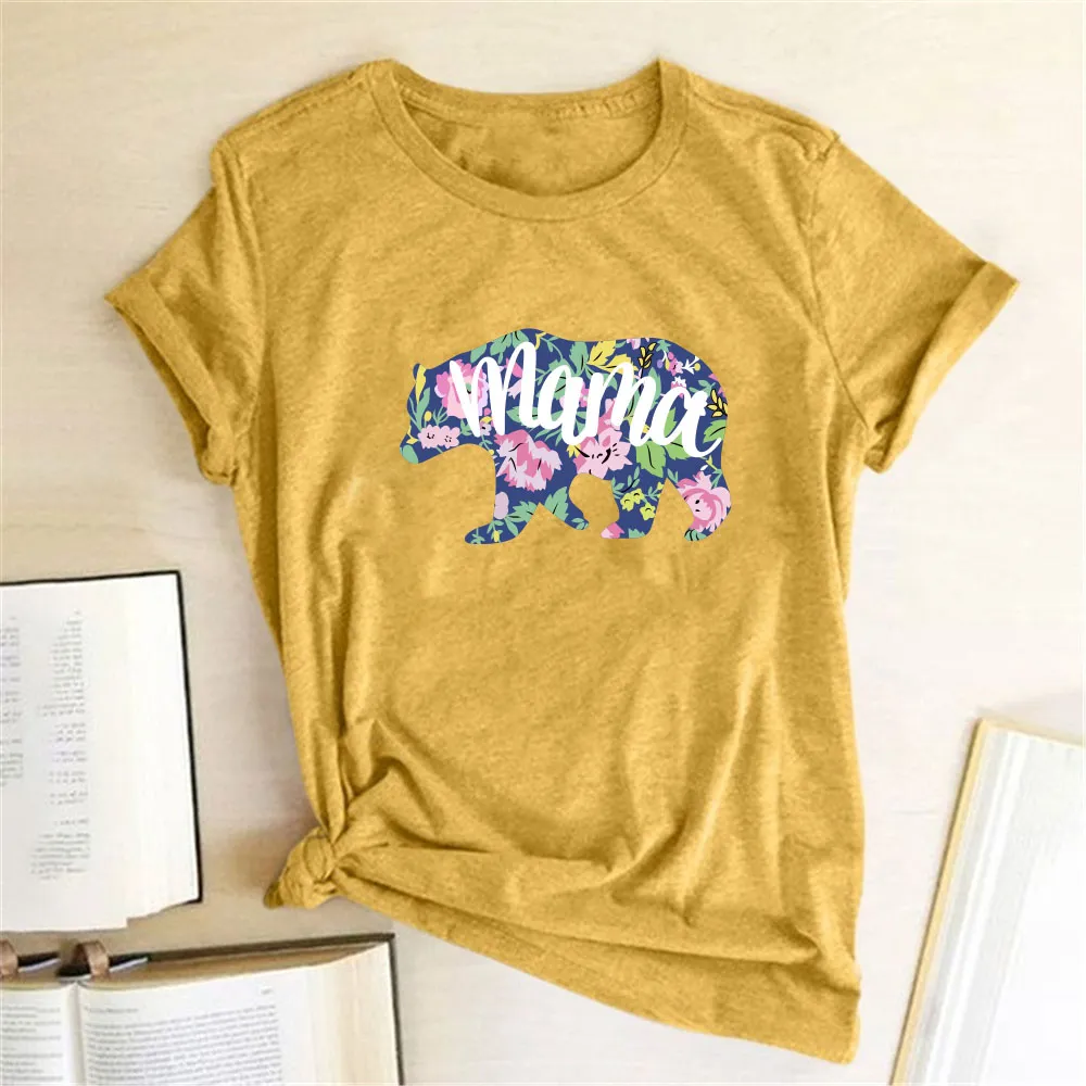 Mama Mom Bear Letter Print T-shirt Leopard Print Big And Small Bear Animal Print Short Sleeves - Yellow