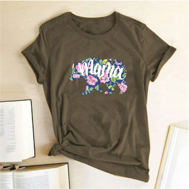 Mama Mom Bear Letter Print T shirt Leopard Print Big And Small Bear Animal Print Short Sleeves Brown - Shop at LoveMi