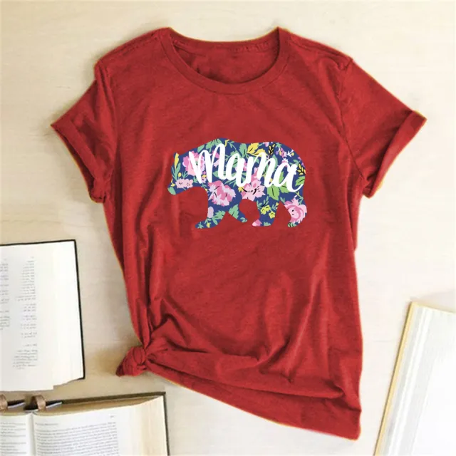 Mama Mom Bear Letter Print T shirt Leopard Print Big And Small Bear Animal Print Short Sleeves Red - Shop at LoveMi