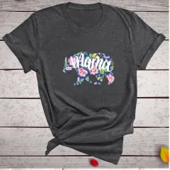 Mama Mom Bear Letter Print T-shirt Leopard Print Big And Small Bear Animal Print Short Sleeves - Dark Grey - View 1
