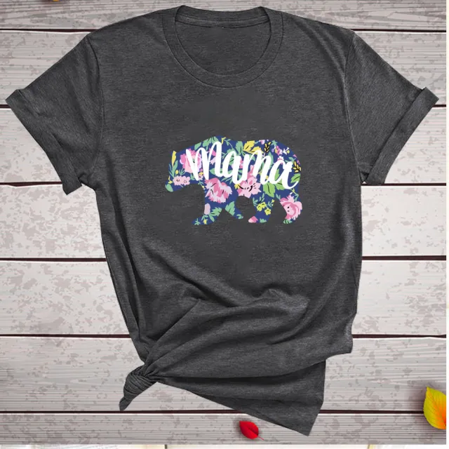 Mama Mom Bear Letter Print T shirt Leopard Print Big And Small Bear Animal Print Short Sleeves Dark Grey - Shop at LoveMi