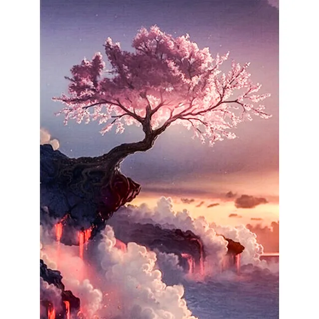 Cherry Tree Painting On The Lake 5D Rhinestone Embroidery Cross Stitch Diamond Pink - Shop at LoveMi