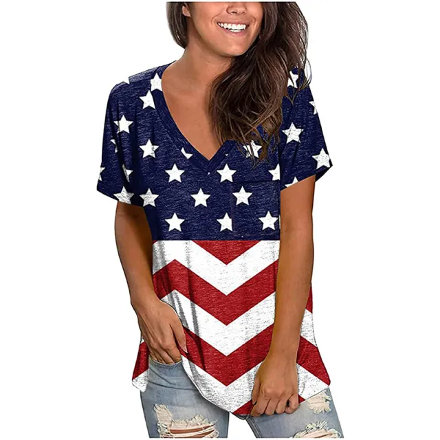 Women's Top National Flag Printed V neck Short sleeved Loose T shirt Women 5 Style - Shop at LoveMi