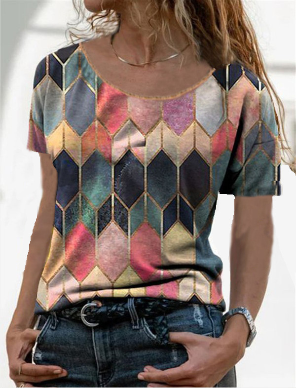 Round Neck Retro Print Casual Top