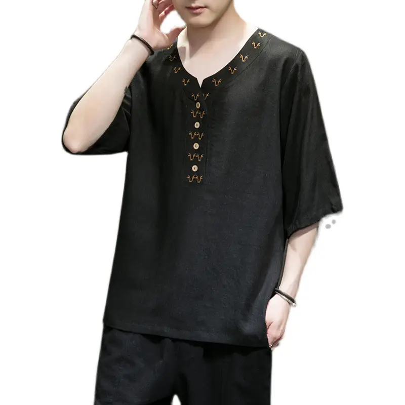 Chinese Style Half Sleeve Button Embroidered T-shirt