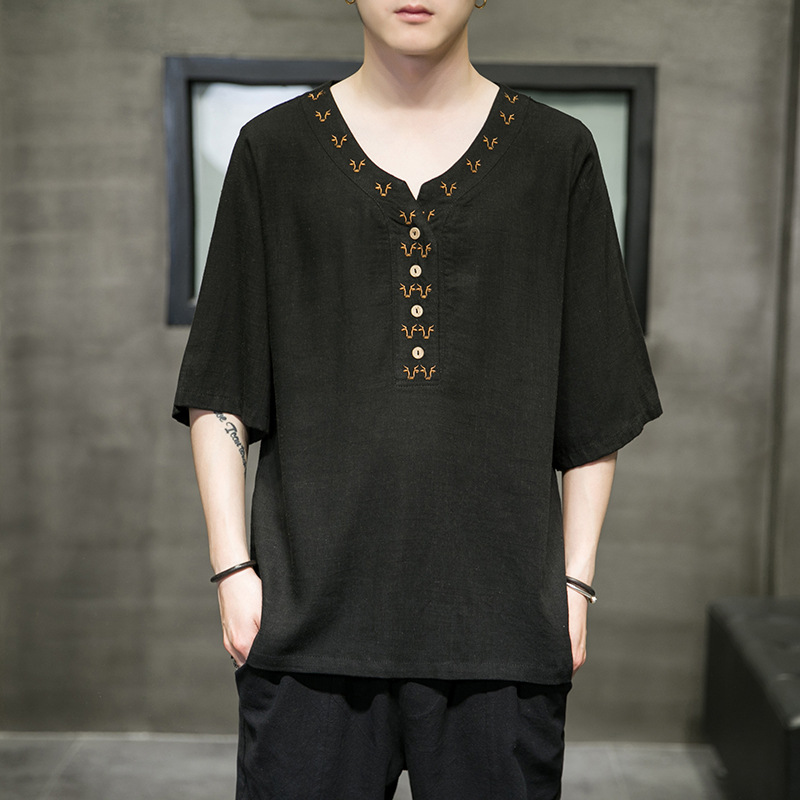 Chinese Style Half Sleeve Button Embroidered T-shirt — image 1