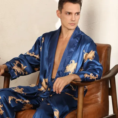 Luxury Silk Robe Pants Pajama Set Two-piece Imitate Long-sleeved