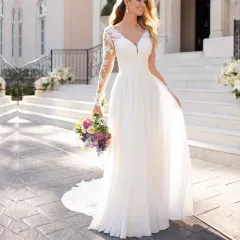 Sexy Backless Deep V-neck Wedding Dress Women White Evening Dress - White - View 1