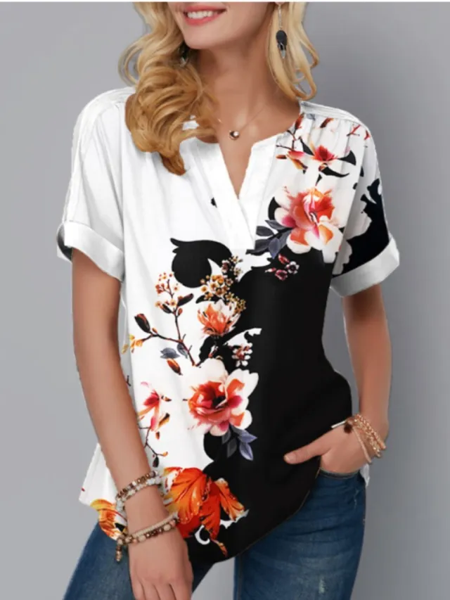 Women's Digital Printing V neck Top White - Shop at LoveMi