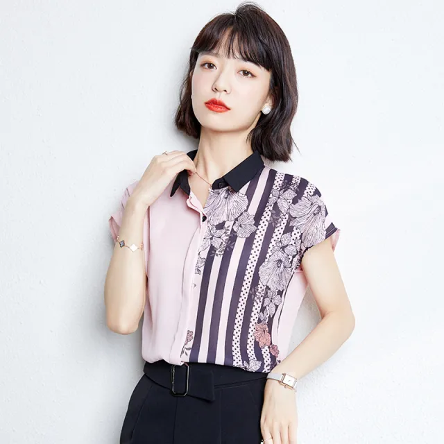Summer New Short Sleeved Loose Stitching Contrast Color All Match Blouse Pink - Shop at LoveMi