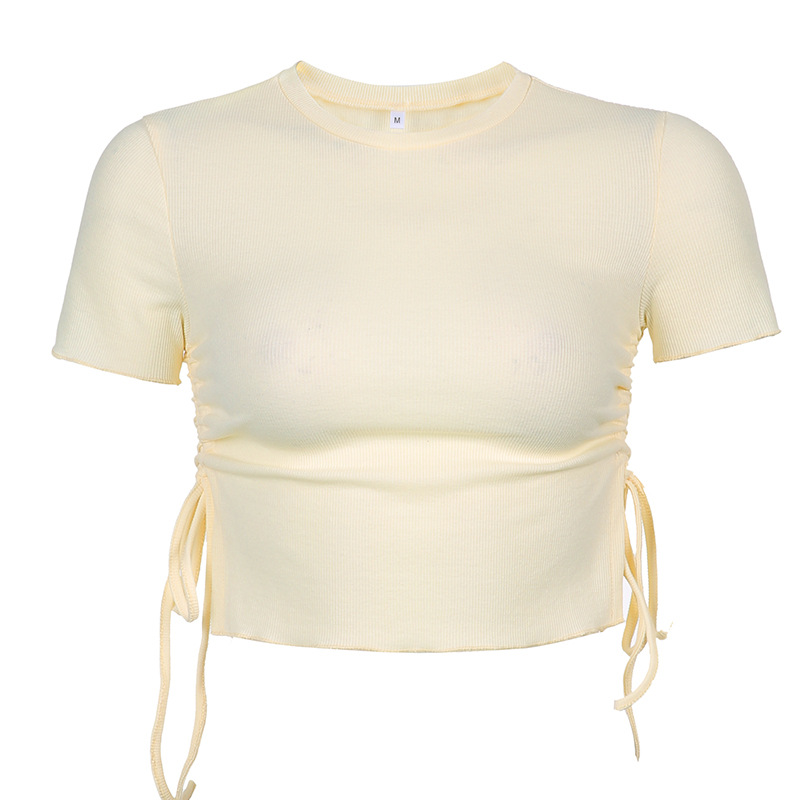 Side Drawstring Pleated Slim Knit T-shirt