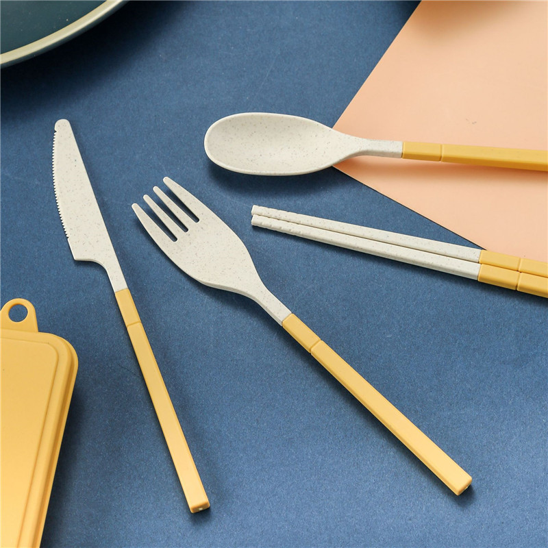 Складная посуда из пшеничной соломы. Портативный набор. Съемный нож, вилка, ложка и палочки для еды.