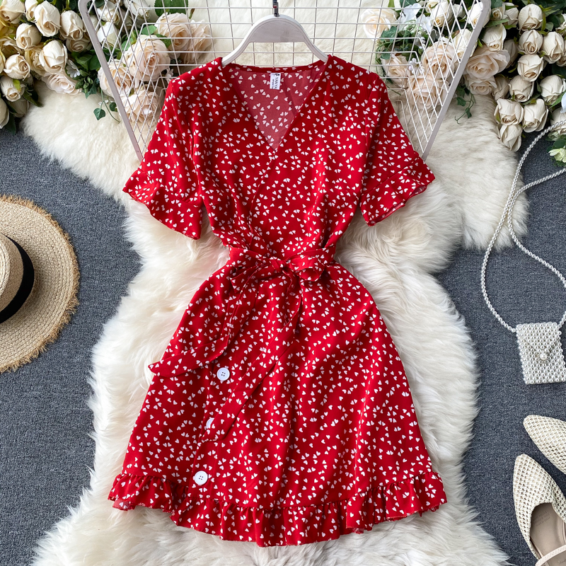Small Dress New Summer Sweet Love Print Trumpet Sleeve Lace-up Waist Short First Love Dress