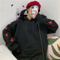 Embroidered Strawberry Autumn And Winter Models Plus Velvet Thick Loose Hooded Sweater Shrimp Skin - Black - View 1