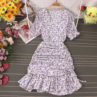 Puff Sleeve Ruffled Print Mid-length Dress