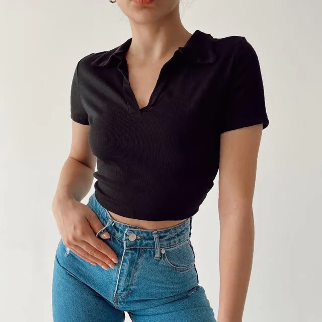 Casual Ladies T shirt POLO Collar Hollow Show Chest Top Black - Shop at LoveMi