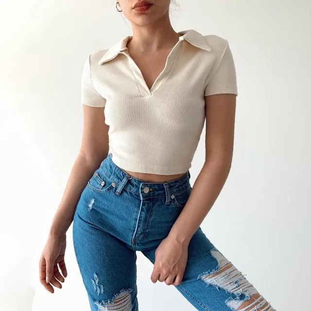 Casual Ladies T shirt POLO Collar Hollow Show Chest Top White - Shop at LoveMi