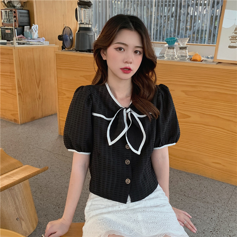 Title 4, Womens Bowknot Short-sleeved Shirt Loose Casua...