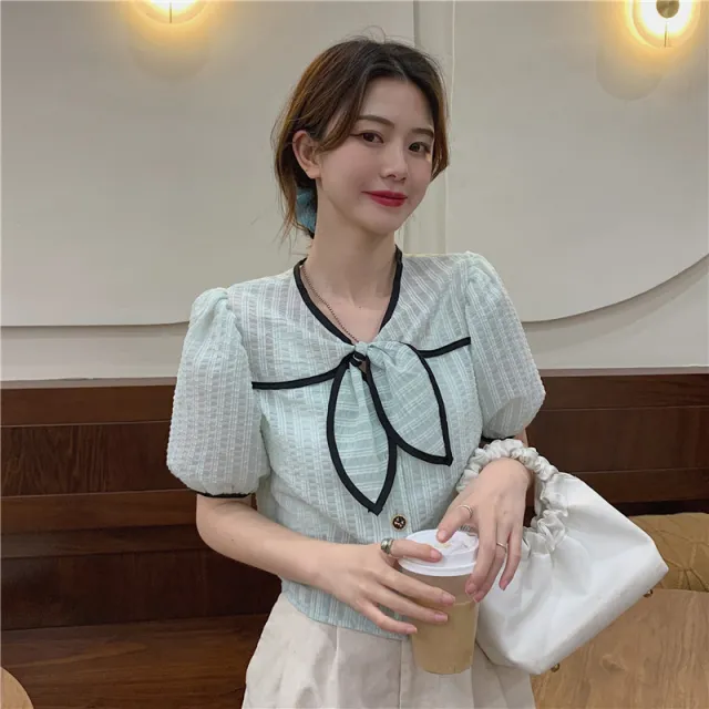 Bowknot Short sleeved Shirt Women's Loose Casual Tops In Stock Green - Shop at LoveMi