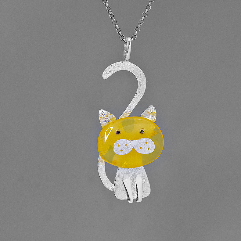 I Am A Cat, Cute Amber Cat Cute S925 Sterling Silver Pendant Casual Shoes