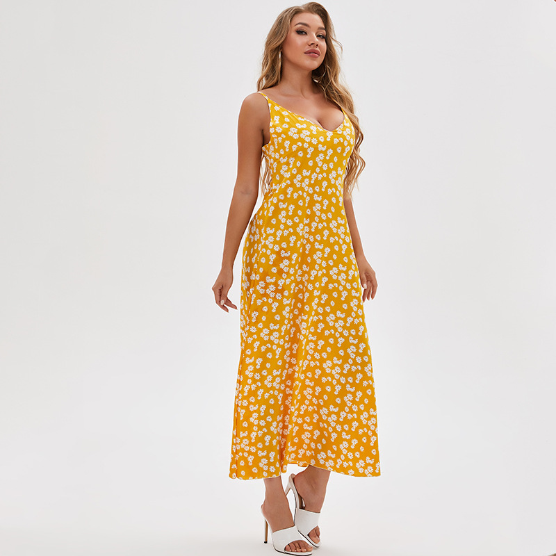 Yellow Chrysanthemum Print Dress V-neck Suspender Long Skirt