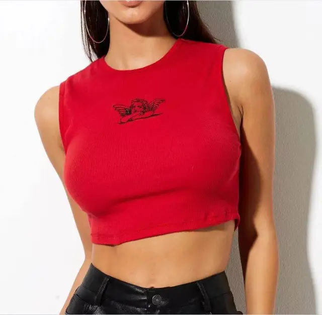 Rhombus Print Short Racer Round Neck Slim Camisole Top Red - Shop at LoveMi