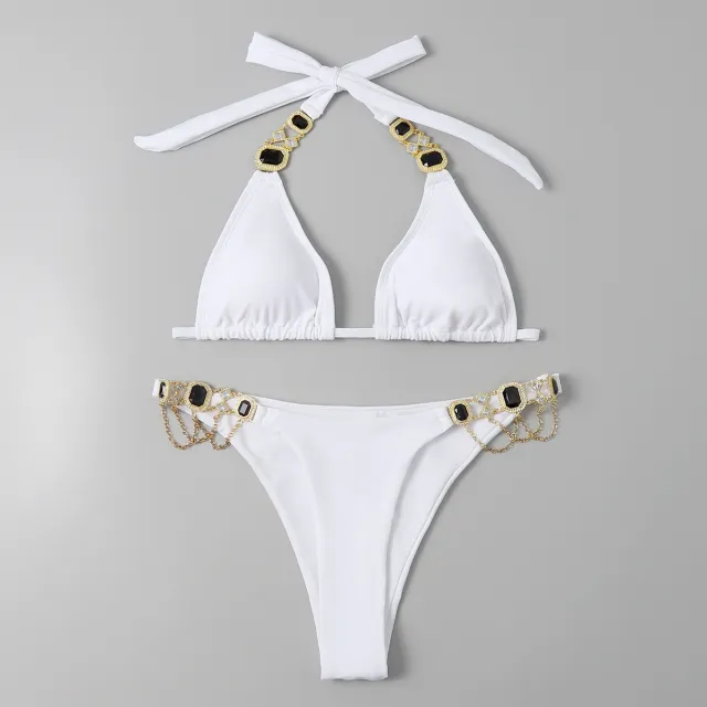 Sexy Bandage Plain Women's Split Swimsuit Gold Accessories Swimwear Gold - Shop at LoveMi