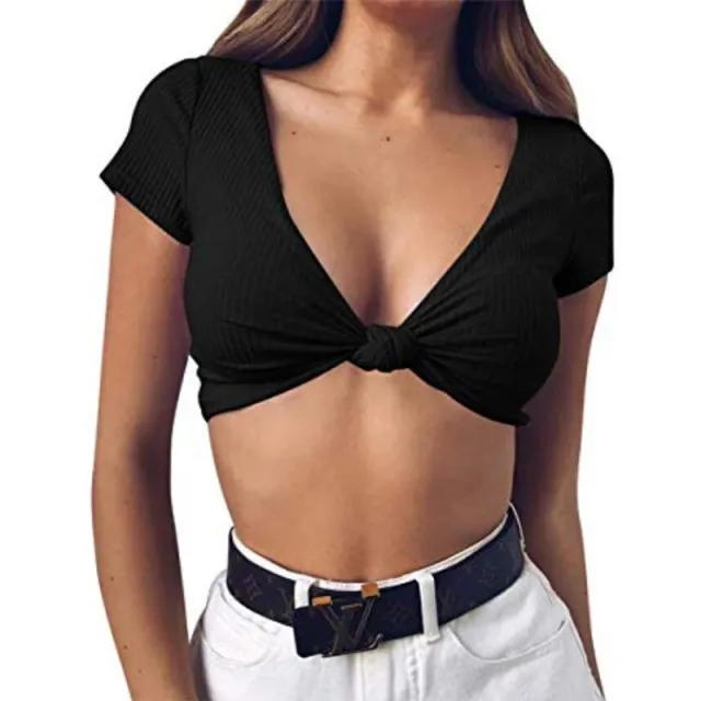Knotted Short Top Deep V Neck Short Sleeves Black - Shop at LoveMi