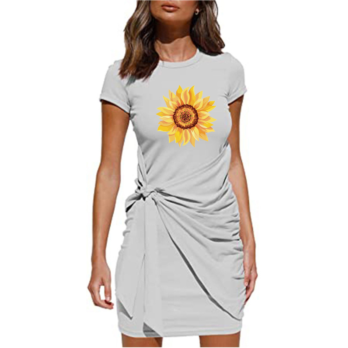 Short-Sleeved Round Neck Pleated Bow-Knot Belted Irregular Dress