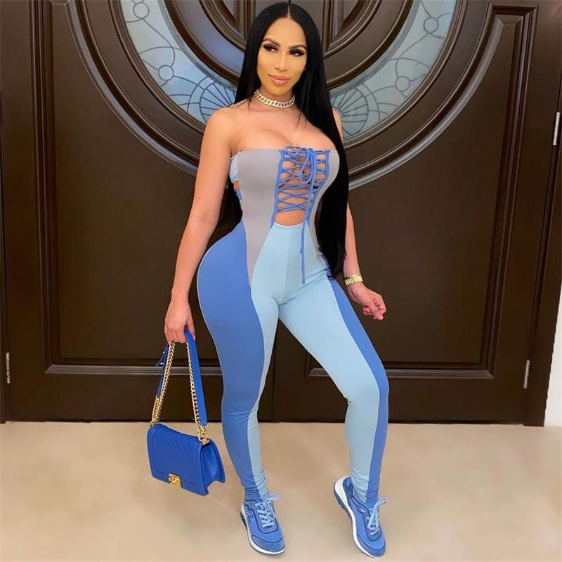 Sexy Contrast Lace up Halter Slim fit Jumpsuit Blue - Shop at LoveMi