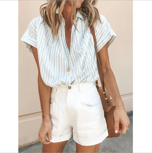 Loose Striped Shirt Women Short Sleeved Lapel Vertical Pattern Cardigan Women's Top Light Blue - Shop at LoveMi