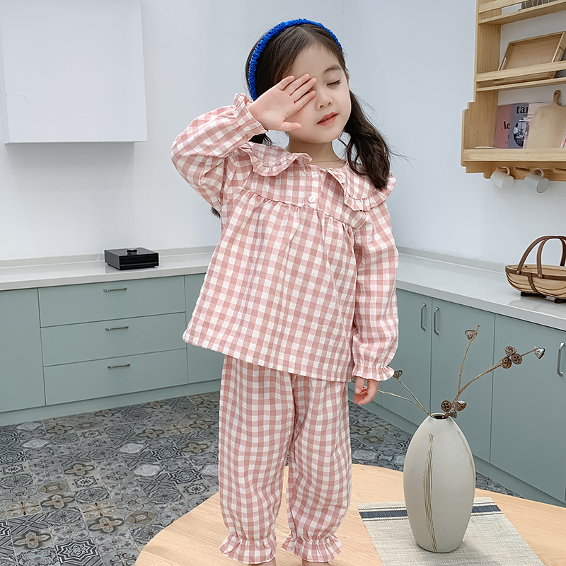 Plaid Pajamas Autumn Baby Pure Cotton Long-sleeved Pullover Doll Collar Cute Pajamas Home Service Suit