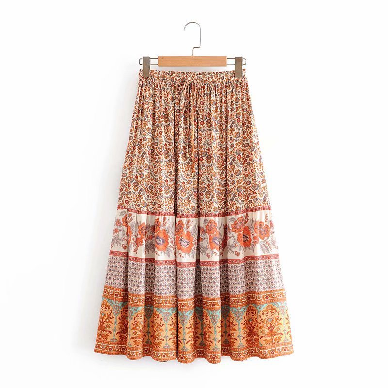 Temperament Rayon Printed Elastic Waist High Waist Skirt