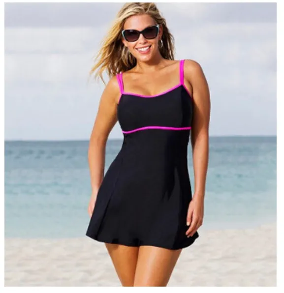 Women Plus Size Swim Dress Costume Swimsuit Skirted Swimwear - Black