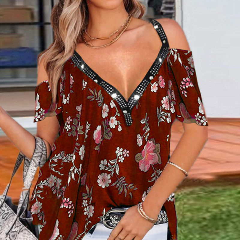 Title 4, Summer V-Neck Printed Off-The-Shoulder Short-Sl...