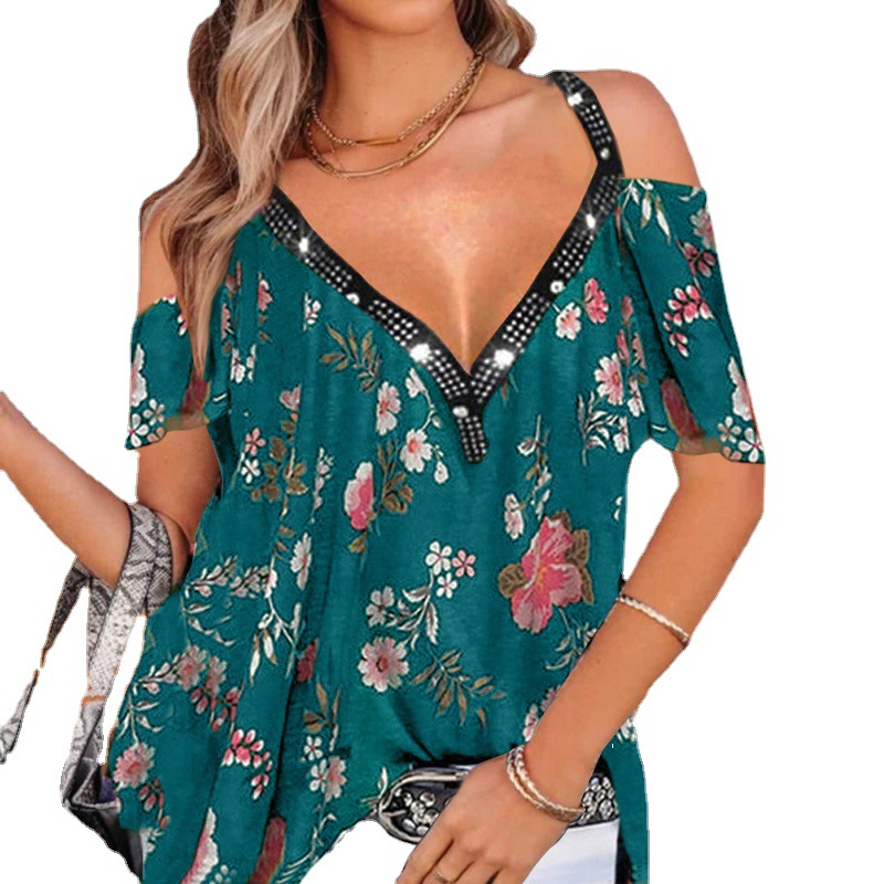 Title 2, Summer V-Neck Printed Off-The-Shoulder Short-Sl...