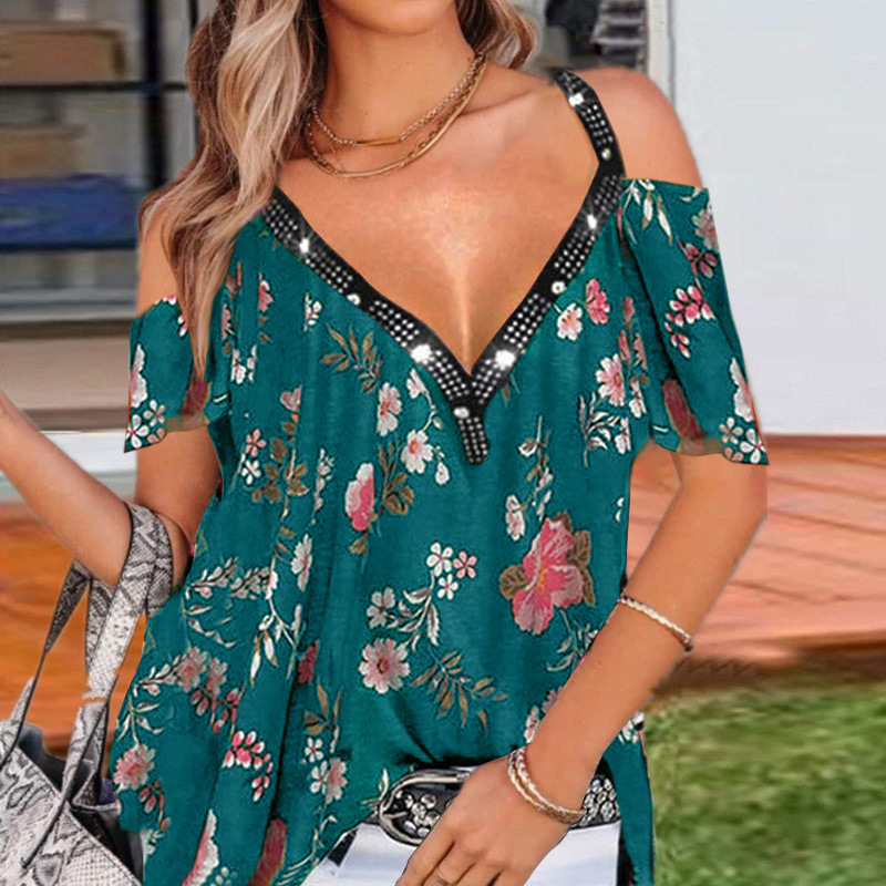 Title 7, Summer V-Neck Printed Off-The-Shoulder Short-Sl...