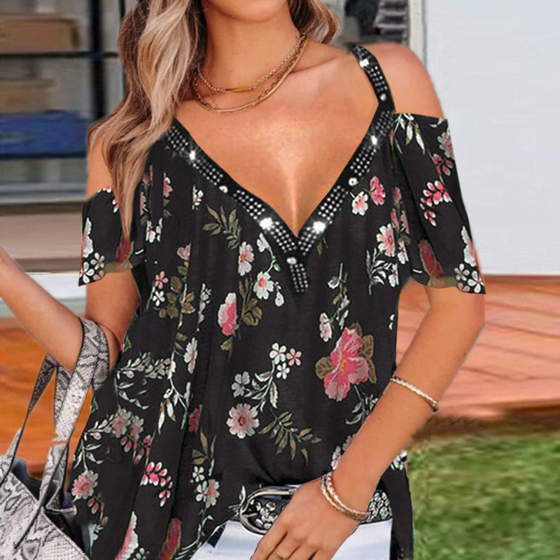 Title 6, Summer V-Neck Printed Off-The-Shoulder Short-Sl...