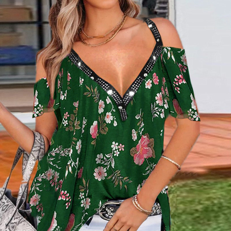 Title 5, Summer V-Neck Printed Off-The-Shoulder Short-Sl...