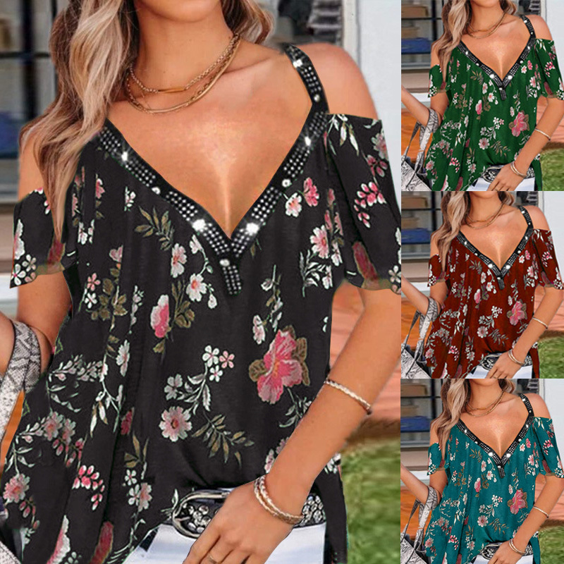 Title 3, Summer V-Neck Printed Off-The-Shoulder Short-Sl...